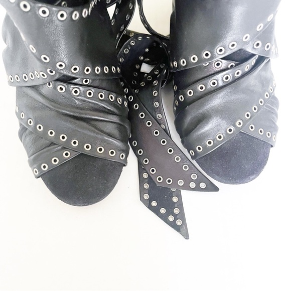 Isabel Marant Aubrey Black Leather Grommet Eyelet Chunky Heel Ankle Boot Size 37 - Picture 3 of 6